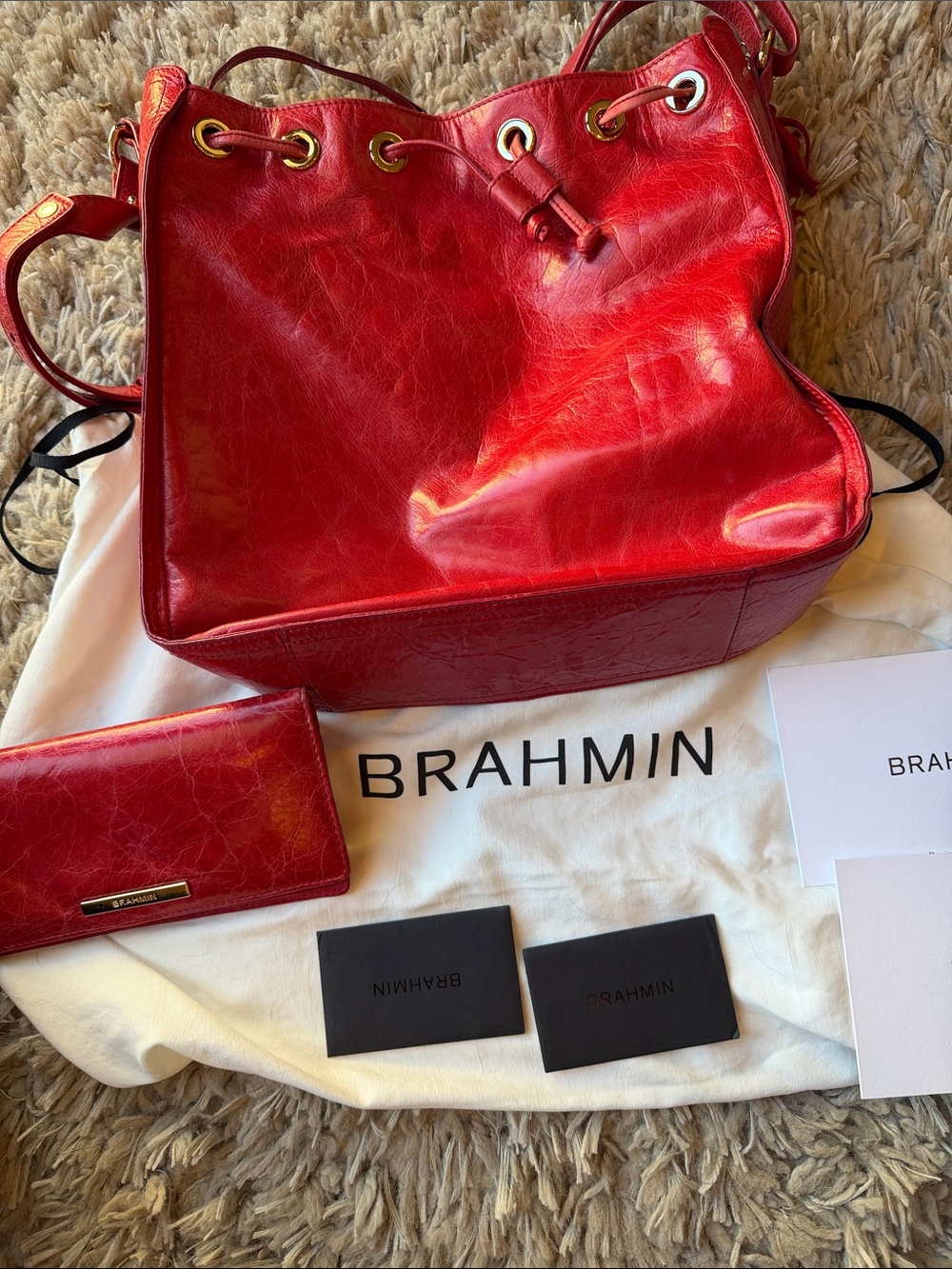 Brahmin Red Leather Drawstring Shoulder Bag with Matching Wallet